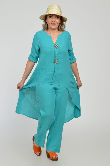 Compleu din in, cu nasturi decorativi, cu pantaloni si bluza tunica mai lunga in spate, turcoaz [10]