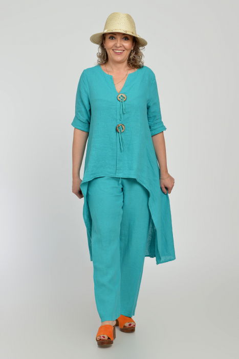Compleu din in, cu nasturi decorativi, cu pantaloni si bluza tunica mai lunga in spate, turcoaz [3]