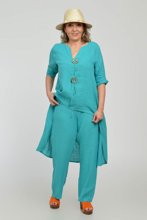 Compleu din in, cu nasturi decorativi, cu pantaloni si bluza tunica mai lunga in spate, turcoaz [12]