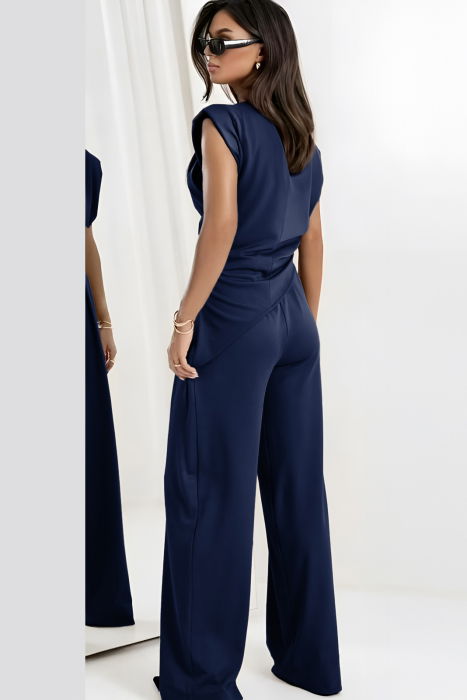 Compleu cu pantaloni, din tricot fin de bumbac, cu bluza in colt si umeri supradimensionati, bleumarin [2]