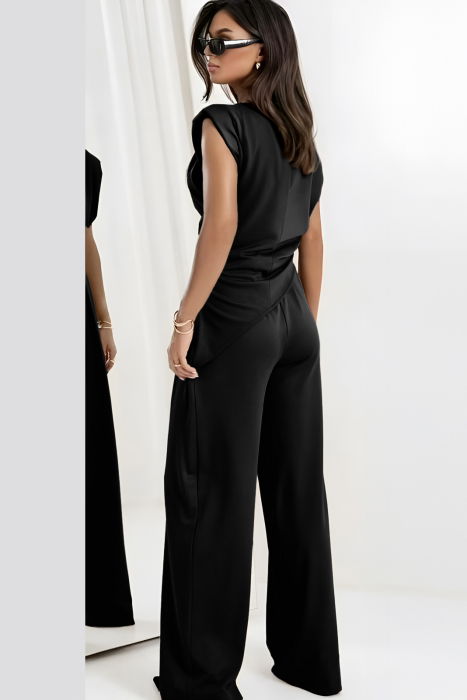 Compleu cu pantaloni, din tricot fin de bumbac, cu bluza in colt si umeri supradimensionati, negru [2]