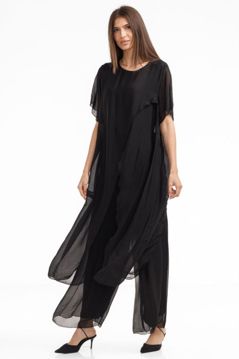 Compleu cu pantaloni lejeri si bluza fluida in colturi lungi, din matase si vascoza, negru
