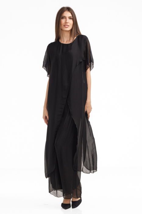 Compleu cu pantaloni lejeri si bluza fluida in colturi lungi, din matase si vascoza, negru [4]