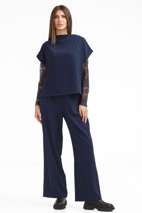 Compleu elegant dama cu bluza si pantaloni drepti, bleumarin