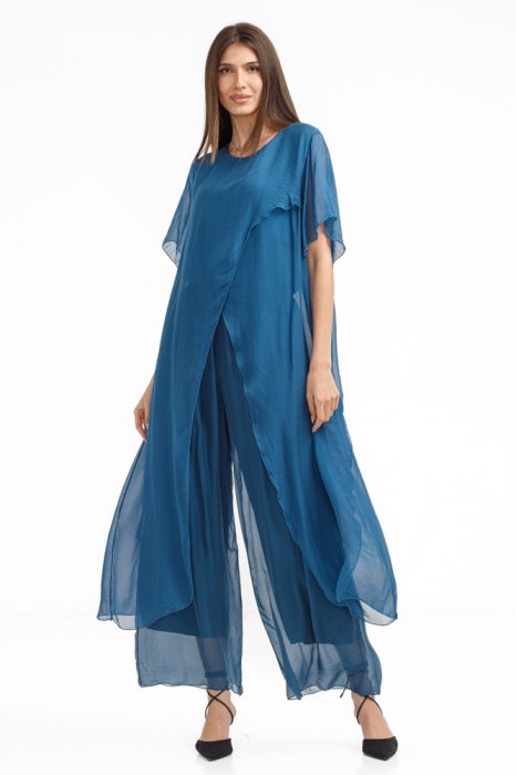 Compleu cu pantaloni lejeri si bluza fluida in colturi lungi, din matase si vascoza, turcoaz inchis