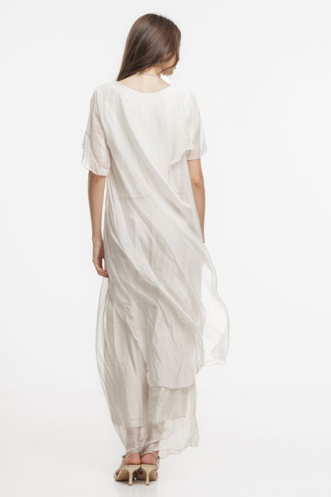 Compleu cu pantaloni lejeri si bluza fluida in colturi lungi, din matase si vascoza, bej [5]