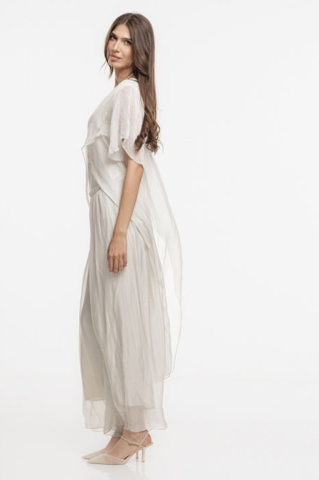 Compleu cu pantaloni lejeri si bluza fluida in colturi lungi, din matase si vascoza, bej [4]