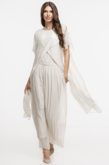 Compleu cu pantaloni lejeri si bluza fluida in colturi lungi, din matase si vascoza, bej [2]