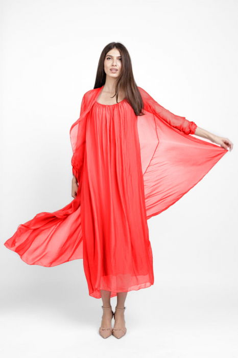 Compleu cu rochie si blazer din matase si vascoza, corai [2]