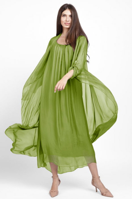 Blazer dama lung din matase, croi fluid pentru layering, verde oliv
