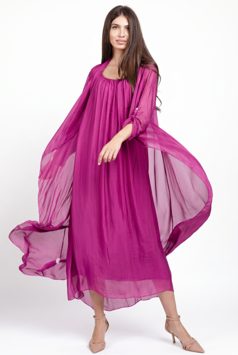 Compleu cu rochie si blazer din matase si vascoza, magenta