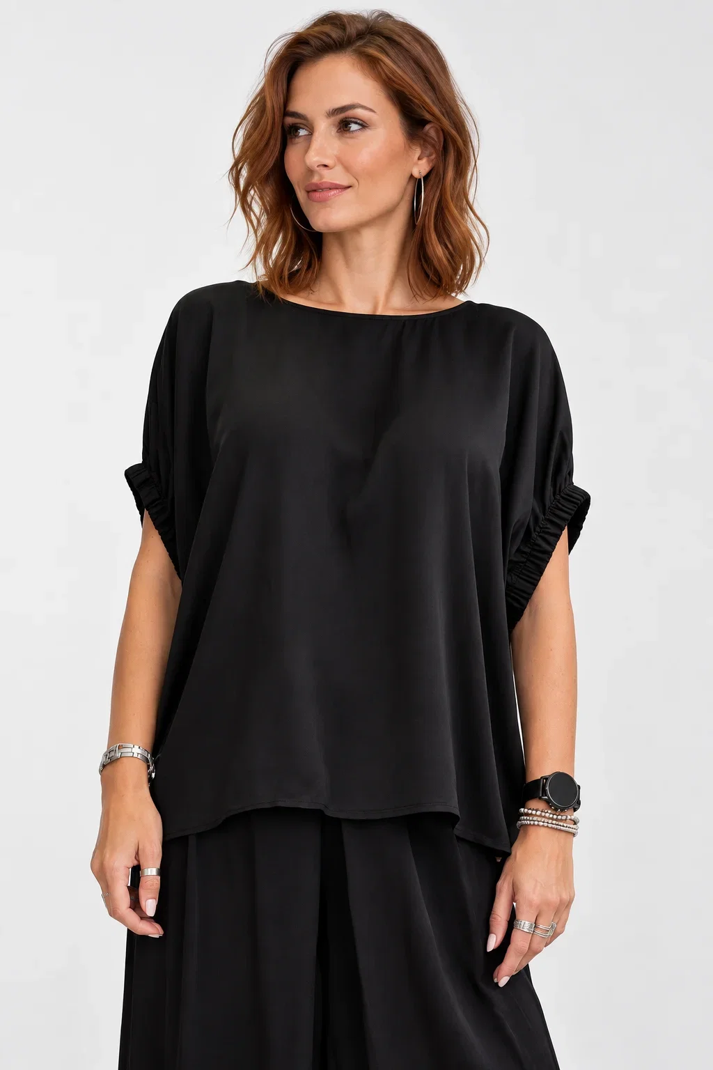 Bluza eleganta din satin de matase si vascoza cu maneci drapate, negru