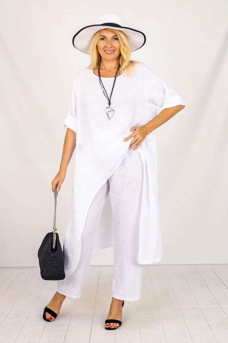 Compleu din in cu bluza tunica mai lunga in spate si pantaloni, alb [2]