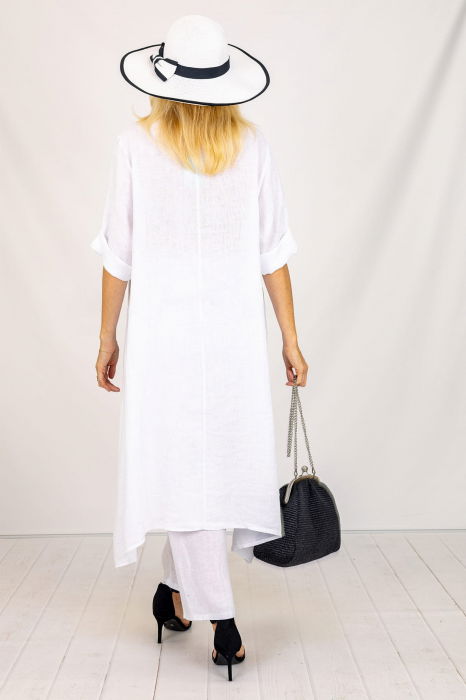 Compleu din in cu bluza tunica mai lunga in spate si pantaloni, alb [3]