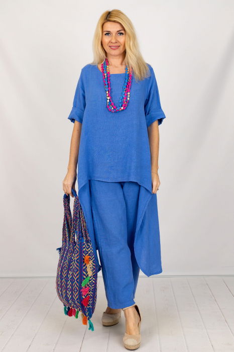 Compleu din in cu bluza tunica mai lunga in spate si pantaloni, albastru electric [5]