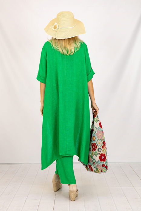 Compleu din in cu bluza tunica mai lunga in spate si pantaloni, verde deschis [3]