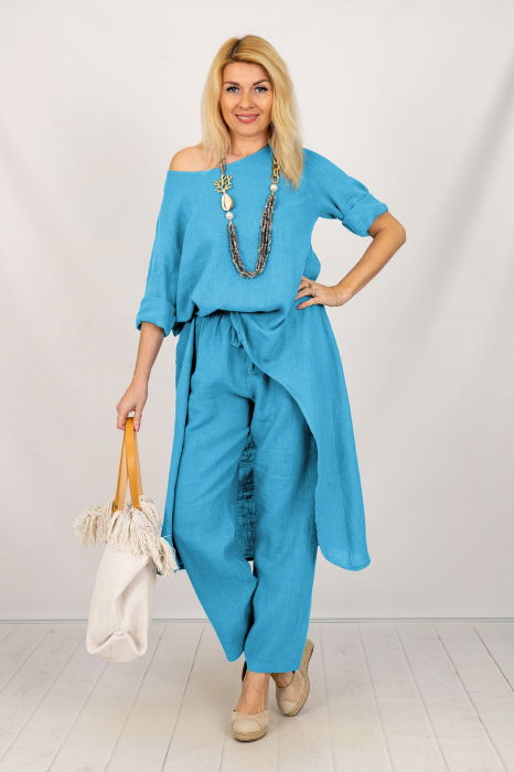 Compleu din in cu bluza tunica mai lunga in spate si pantaloni, albastru azur [2]