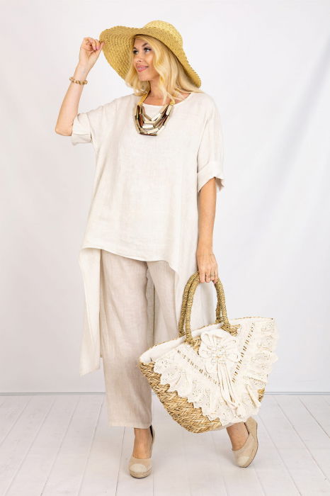 Compleu din in cu bluza tunica mai lunga in spate si pantaloni, bej [2]