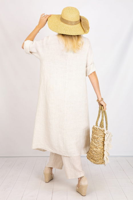 Compleu din in cu bluza tunica mai lunga in spate si pantaloni, bej [3]