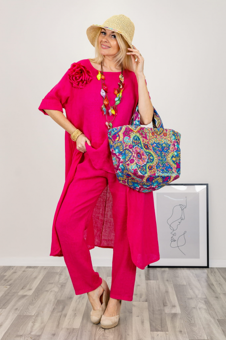 Compleu din in cu bluza tunica mai lunga in spate si pantaloni, fucsia [2]
