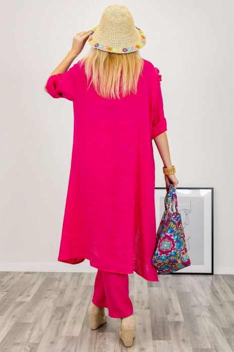 Compleu din in cu bluza tunica mai lunga in spate si pantaloni, fucsia [4]