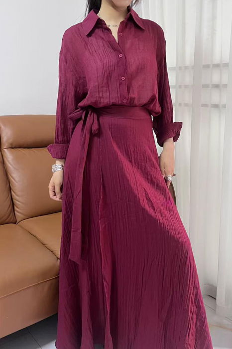 Compleu din vascoza si bumbac, creponate cu camasa si fusta petrecuta, bordo [2]