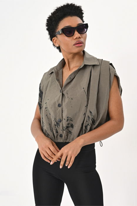 Compleu fusta asimetrica si bluza cu siret in talie, kaki cu dripping negru [2]