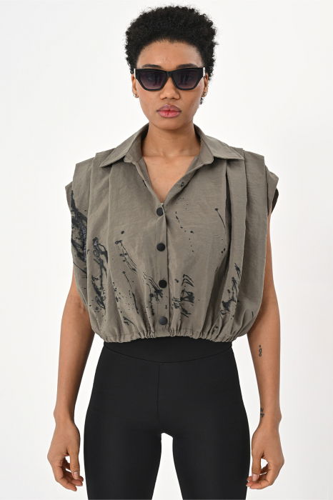 Compleu fusta asimetrica si bluza cu siret in talie, kaki cu dripping negru [3]