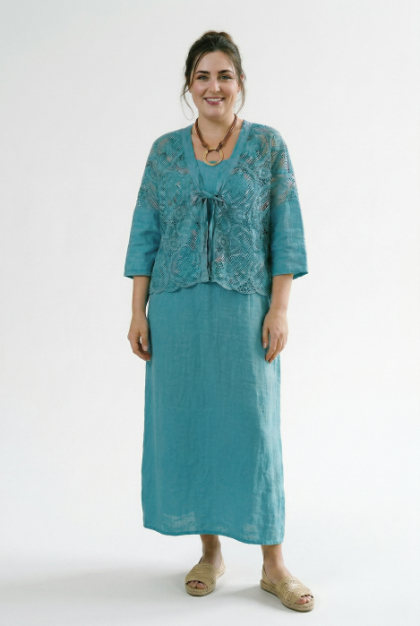 Compleu rochie lunga din in cu blazer dantelat si croi lejer boem elegant , turcoaz