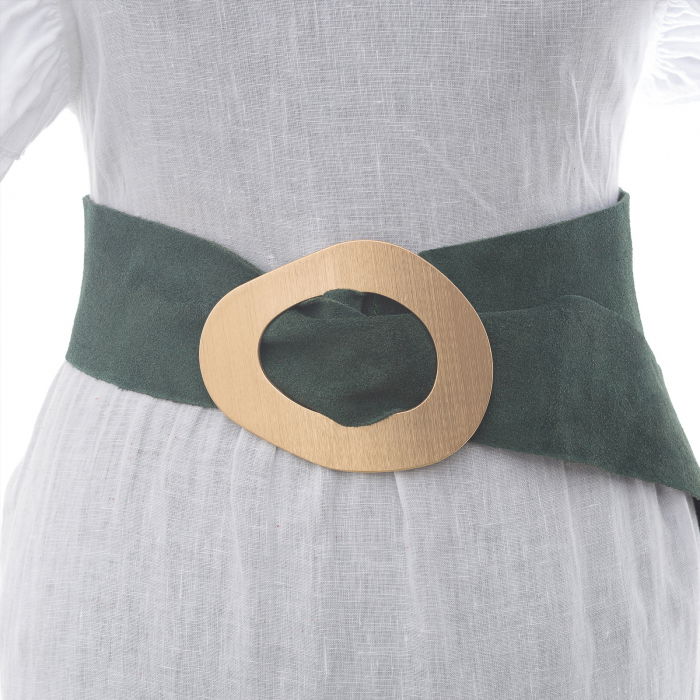 Curea albastra din piele intoarsa naturala cu latime de 8 cm, catarama aurie neregulata [2]