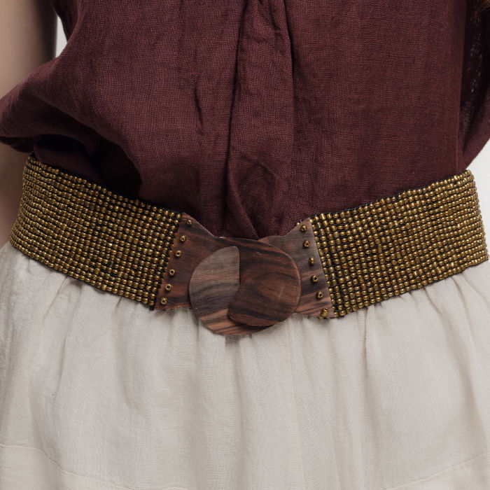 Curea elastica cu margelute din sticla auriu metalizat, catarama din lemn natural [2]