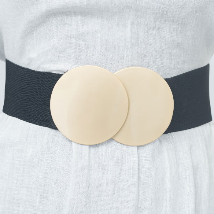 Curea elastica neagra 6 cm latime cu catarama doua cercuri aurii mate [1]