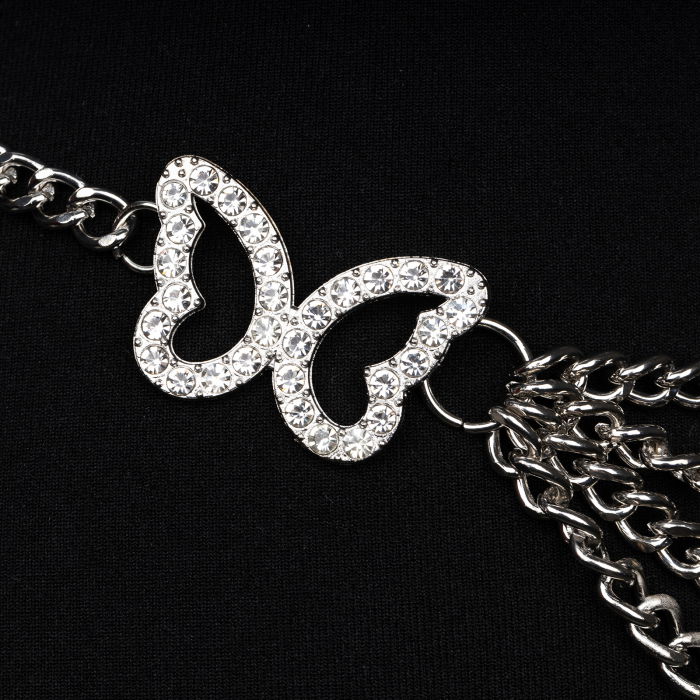 Curea flexibila cu lanturi metalice argintii si fluturi decorativi cu strasuri albe [2]