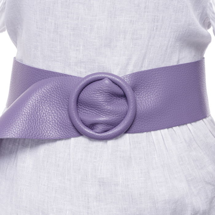 Curea mov lavanda din piele naturala cu latime de 7 cm, catarama rotunda imbracata in piele