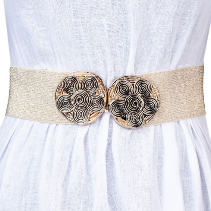 Curea aurie lata de 6 cm, din material elastic cu tesatura de lurex cu catarama floare aurie [1]