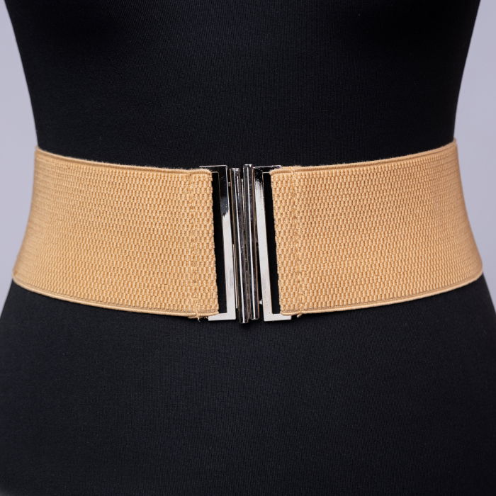 Curea lata bej din material elastic- 7,5 cm