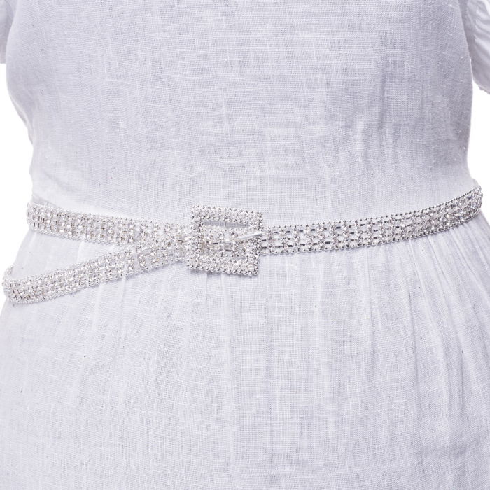 Curea metalica argintie cu strasuri albe de 1.5 cm, flexibila cu catarama patrata [2]