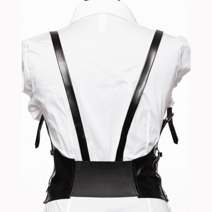 Curea neagra cu catarama argintie cu lant  si bretele, din imitatie piele [2]