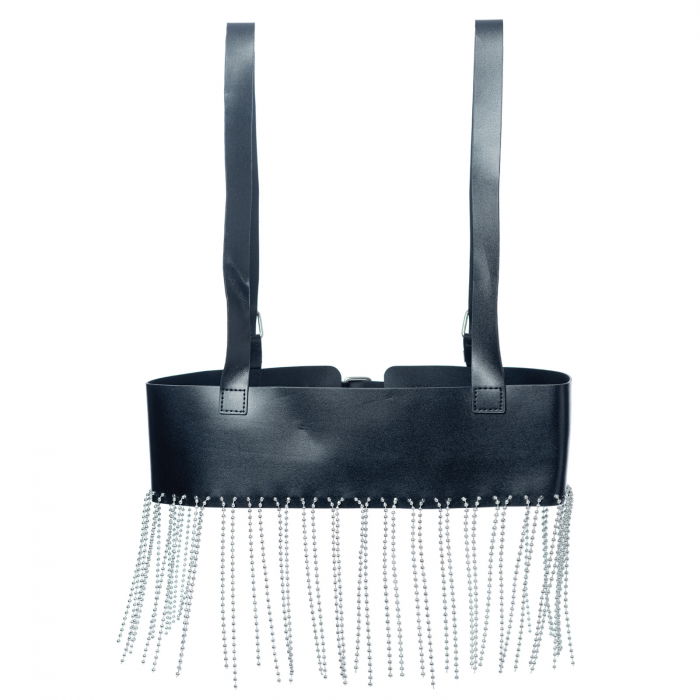 Curea neagra cu catarame argintii si bretele din imitatie piele, cu margele metalice lungi [4]