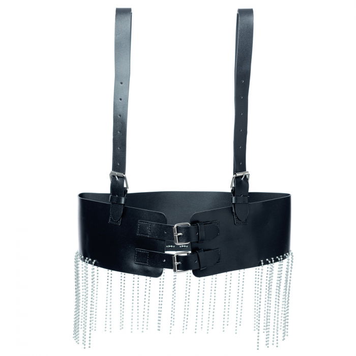 Curea neagra cu catarame argintii si bretele din imitatie piele, cu margele metalice lungi [3]