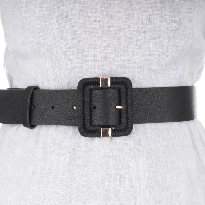 Curea neagra de 4 cm, din piele ecologica cu catarama metalica rectangulara aurie imbracata in impletitura