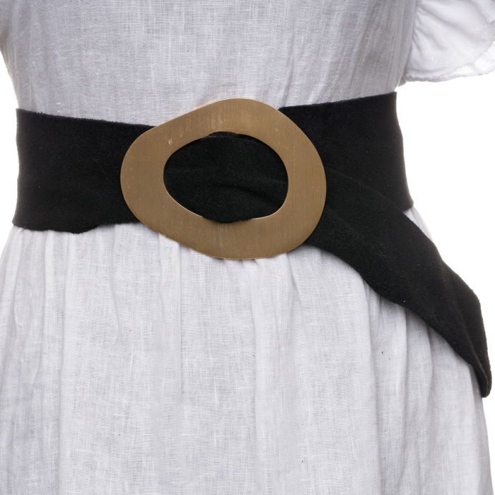 Curea neagra din piele intoarsa naturala cu latime de 8 cm, catarama aurie neregulata