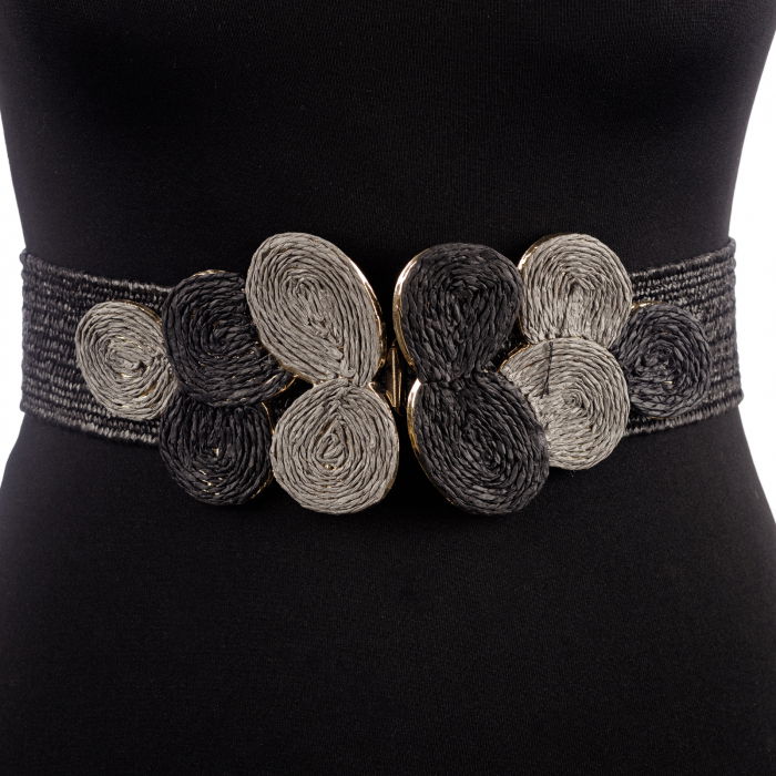 Curea neagra lata de 5,5 cm, din material elastic cu catarama cu forme circulare