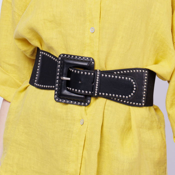 Curea neagra lata de 7.5 cm din material elastic cu catarama din piele ecologica cu tinte metalice [2]