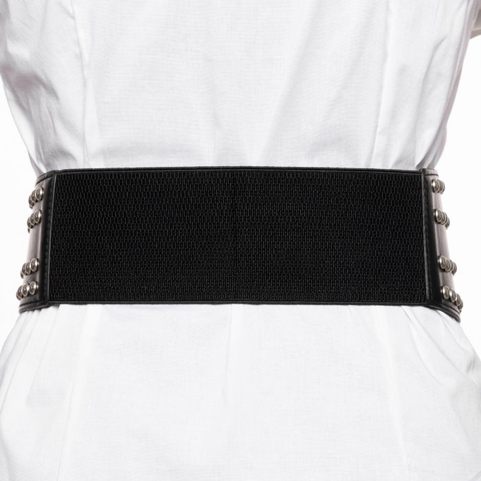 Curea neagra asimetrica din piele ecologica lucioasa cu catarama si tinte metalice argintii, cu elastic la spate [2]
