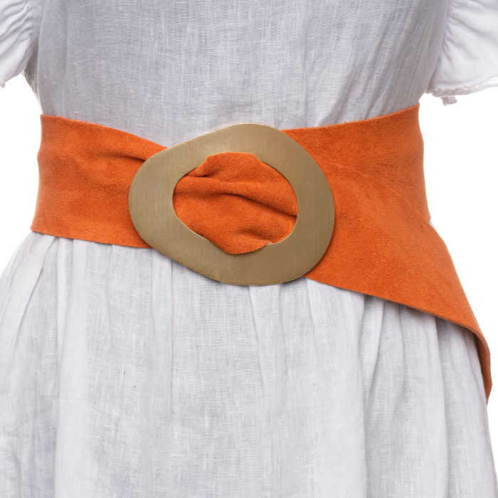 Curea portocalie din piele intoarsa naturala cu latime de 8 cm, catarama aurie neregulata [2]