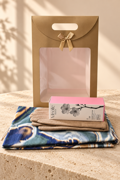 Set cadou esarfa casmir, manusi asortate si Parfum de rufe Cherry Bloom, cu punga cadou
