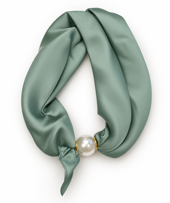 Esarfa colier satinata cu perla decorativa si inchidere magnetica, verde salvie