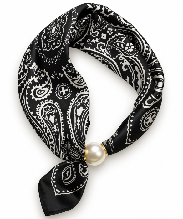 Esarfa colier satinata cu perla decorativa si inchidere magnetica, imprimeu paisley alb cu negru