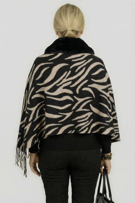 Eșarfă eleganta cu blăniță ecologică pe centru și franjuri decorativi, imprimeu negru cu bej [2]